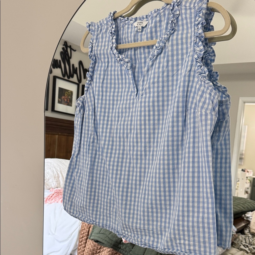 Crown & Ivy Light Blue Gingham Ruffle Blouse